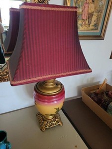 Antique Electrified Satin Glass Table Lamp Hand Painted Floral