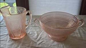Vintage Pink Depression Glass Pitcher & Handled Pedestal Bowl