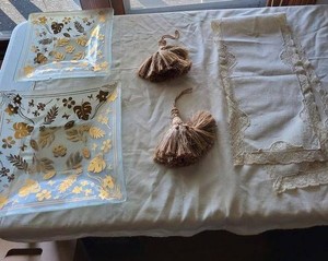 Vintage Home Decor Lot Glass Dishes Tassels Lace Linens Set