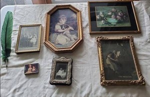 Vintage Framed Art Photo Decor Lot w Pill Box & Feather Dip Pen