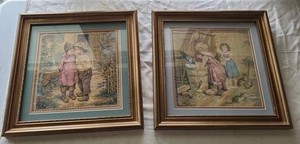 Pair of Framed Victorian Style Children Tapestry Wall Art Prints