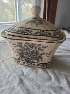 Vintage Black Transferware Floral Ceramic Covered Dish Tureen
