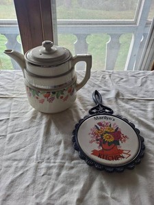 Vintage Halls Kitchenware Teapot & Cast Iron Trivet Decor Lot