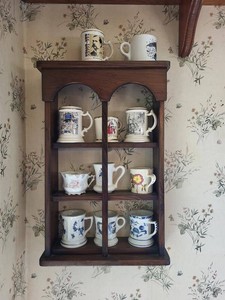 Vintage Wall Display Shelf With Assorted Ceramic Mugs & Steins