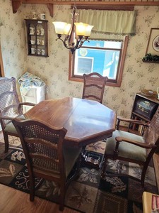 Hexagonal Oak Dining Table Set with 4 Cane Back Chairs & Leaf