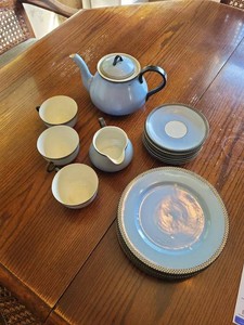 Lenox Blue Tea Set Teapot Cups Saucers Plates Checker Border