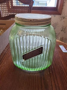 Vintage Green Ribbed Glass Kitchen Canister Cookie Jar Metal Lid