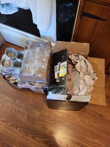 Box Lot of Assorted Glassware Stemware Bottles Vases Barware