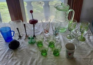 Vintage Mixed Glassware Lot Shirley Temple Pitcher Green Glass