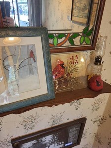 Wood Wall Shelf with Framed Cardinal Art & Decorative Accent Pieces