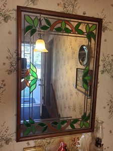 Stained Glass Wall Mirror Wood Frame Green Orange Floral 25x17