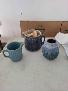 Vintage Art Pottery Pitcher and Vase Group Blue Green Glazed Ceramic