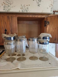 Vintage Frosted Glass Goblets Silver Rim Set of 7 Stemware