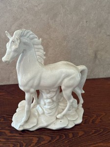 Vintage White Crackle Glaze Ceramic Horse Figurine on Rock Base