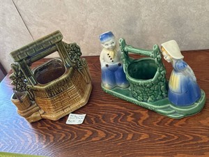 McCoy & Shawnee Pottery Wishing Well Planters Vintage USA Pair