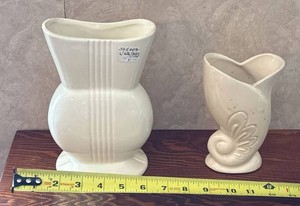 RRP Roseville & USA Pottery White Vase Pair Art Deco Cornucopia