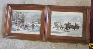 Set of 2 Framed Winter Scene Prints Currier & Ives Style Wood Frames
