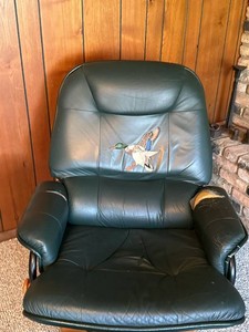 Scandinavian Style Green Leather Recliner & Ottoman Bentwood Base