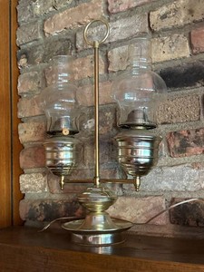 Vintage Student Style Double Hurricane Table Lamp Brass Tone 19in