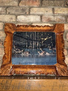 Rustic Faux Bois Wall Clock Deer Lake Scene 20 x 17 Cabin Decor
