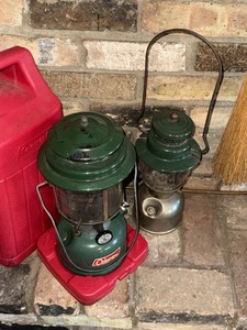 Vintage Coleman Camping Lanterns, One with Red Carry Case Fuel Lantern Lot