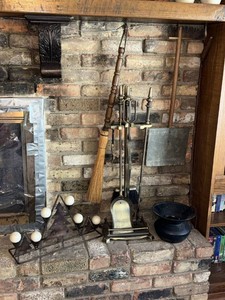 Vintage Fireplace Tool Set Hearth Decor Mixed Lot Brass Iron Wood