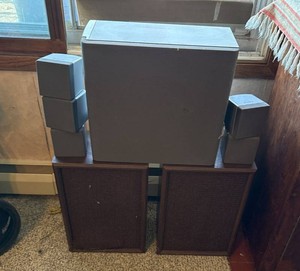 Sony Surround Speakers With Subwoofer & Vintage Wood Bookshelf Pair