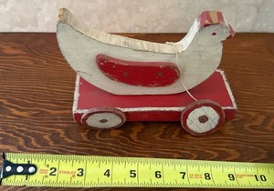 Vintage Folk Art Wooden Chicken Pull Toy Red White Primitive