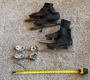 Vintage Black Leather Ice Skates & APO Clamp-On Skate Lot