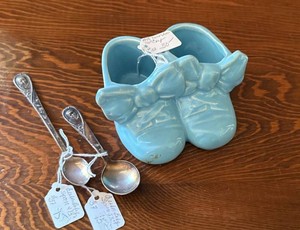 Vintage Baby Keepsake Lot Ceramic Booties Planter & Silverplate Spoons