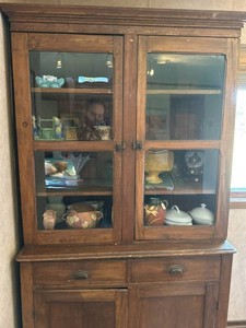 Antique Primitive Step Back Cupboard Glass Door Farmhouse Cabinet - Contents not included