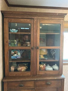 Antique Primitive Step Back Cupboard Glass Door Farmhouse Cabinet - Contents not included