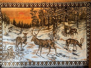 Vintage Woven Deer Winter Scene Tapestry Throw Blanket Fringed
