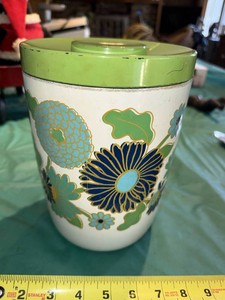 Vintage 1970s Floral Ice Bucket Green Blue Mod Insulated Barware