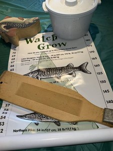Lot of Vintage Folk Art Fish Stool Thelma Scrub Board & Lidded Pail