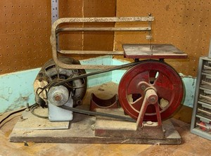 Vintage Tabletop Belt Driven Scroll Saw With Motor on Wood Base