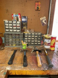 Box Lot of Assorted Hand Tools Hardware Organizers & Shop Items