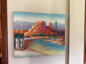 Signed Southwest Desert Landscape Painting on Canvas 24x20 Wall Art