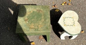 Vintage Wooden Child Step Stools Square Green & Heart Form Pair