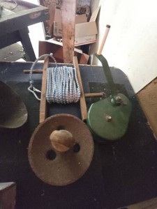 Lot of Vintage Primitive Farm Barn Tools Pulley Funnel Rope Reel