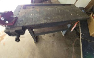 Vintage Industrial Wood Workbench With Dual Mounted Vises 48in