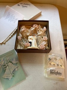 Vintage Wedding Memorabilia Lot Cake Topper Invitation Card Stud Set
