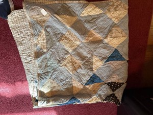 Vintage Handmade Patchwork Baby Crib Quilt Blue Beige Brown Cotton