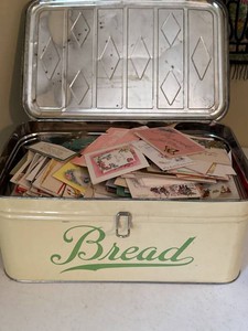 Vintage Greeting Card Collection in Mid Century Metal Bread Box