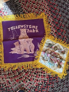 Vintage Yellowstone Souvenir Pillow Covers Fringed Satin & Felt