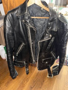 Vintage Black Leather Motorcycle Jacket Quilted Lining Belted Biker