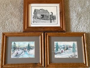 Set of 3 Framed Landscape Wall Art Prints Wood Frames Decor