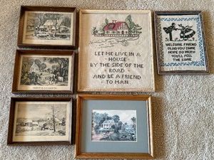 Vintage Framed Country Prints & Sampler Wall Decor Assorted Lot
