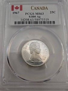 1967 Canada 25 Cent Silver Coin PCGS MS63
