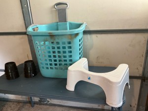 Rolling Basket, 2 sets of bed risers, and Squatty Potty Step
